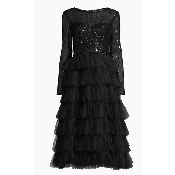 New Mac Duggal Black Sequin Tiered Long Sleeve Tulle Cocktail Dress Size 16 $498 - Picture 1 of 12